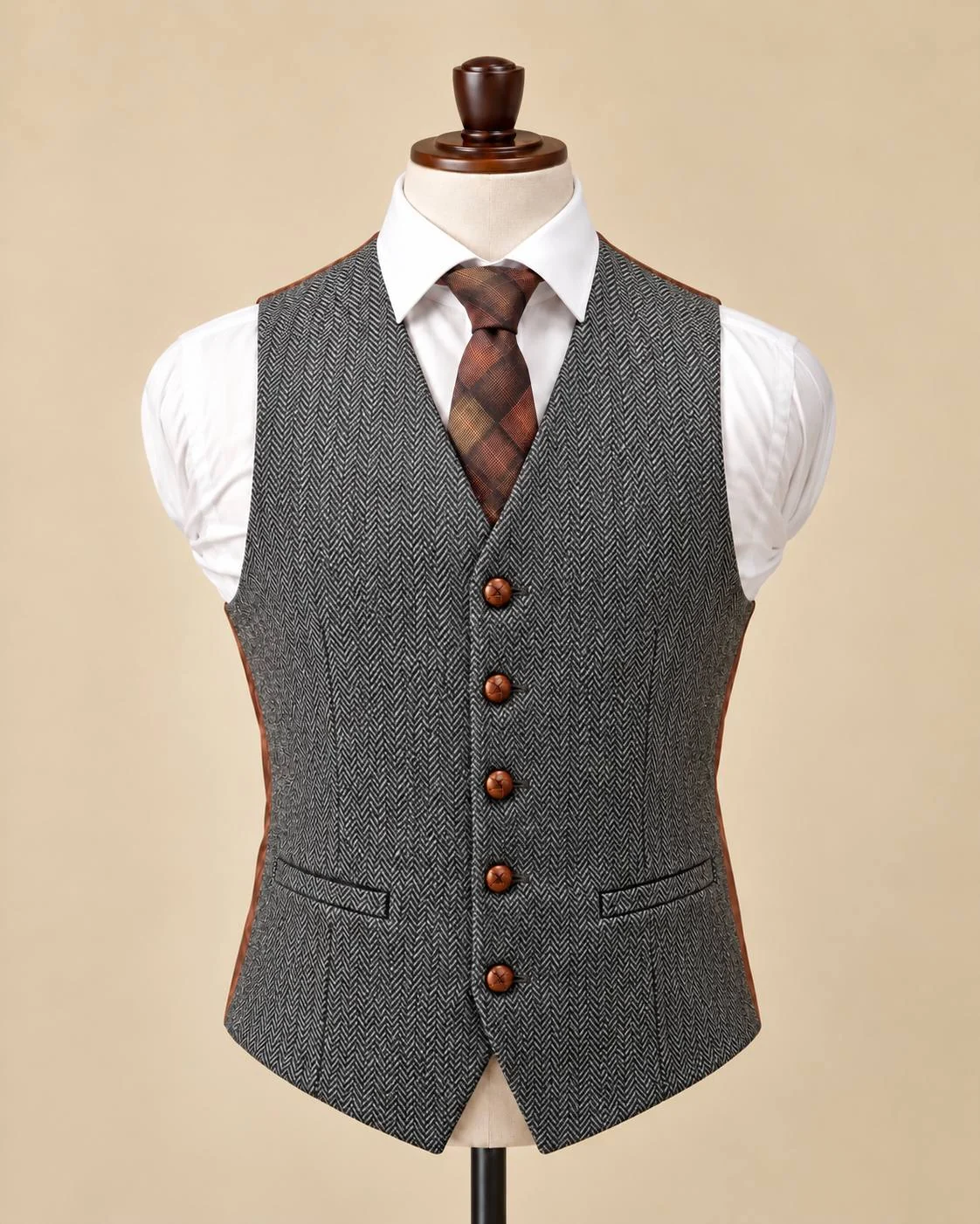 Gray Herringbone Wool Waistcoat – Formal Tweed Vest