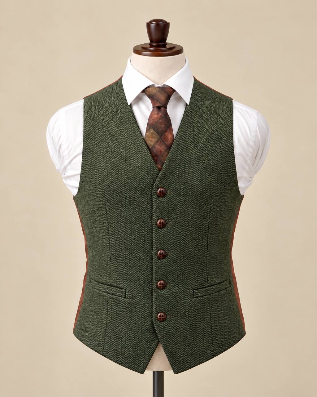 Olive Green Herringbone Wool Waistcoat – Formal Tweed Vest