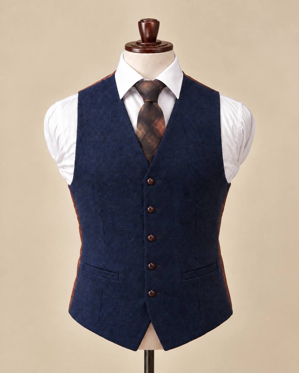 Navy Blue Herringbone Wool Waistcoat – Formal Tweed Vest