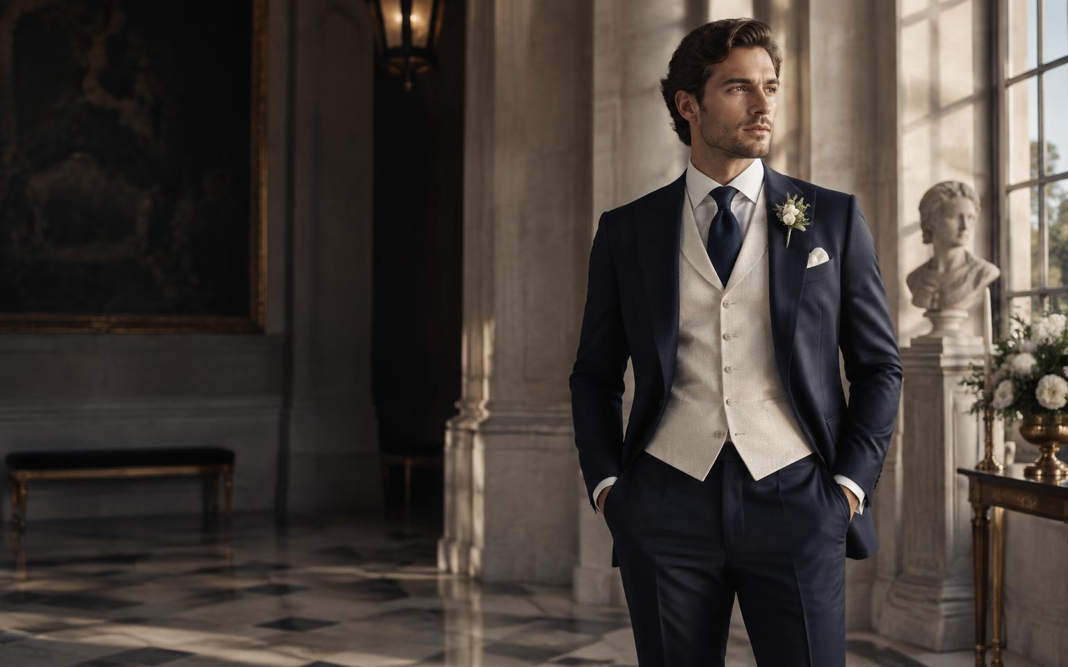 Gentleman in a tailored navy suit and ivory waistcoat